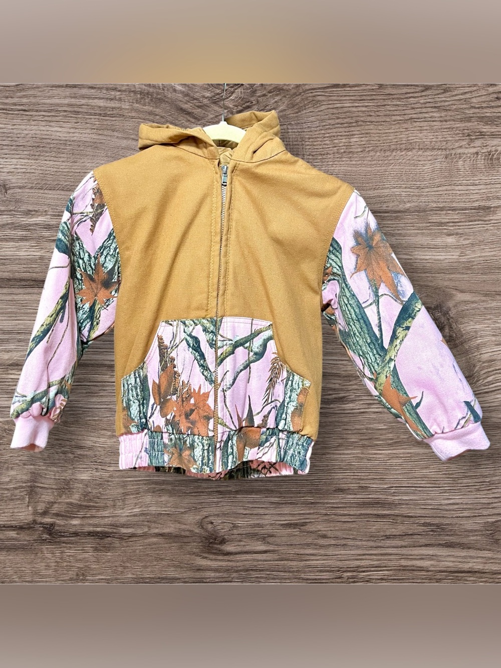 New girls pink camouflage hunting outdoor hooded zip up jacket with pockets